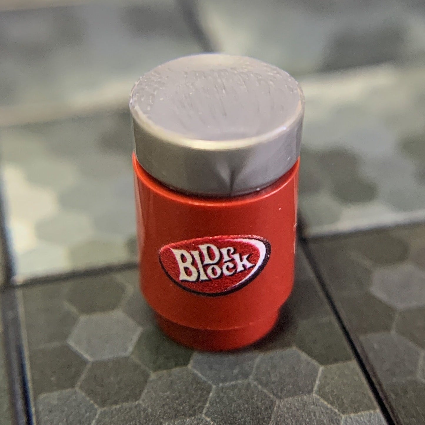 Custom Printed Dr. Block Soda Can made using LEGO parts